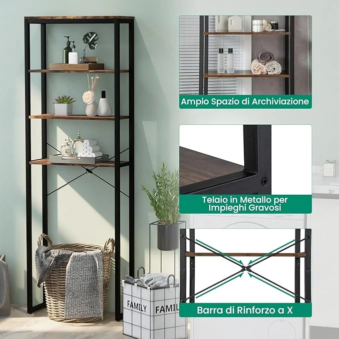 Scaffale Bagno 60 x 24 x 177 cm, Mobile Bagno Salvaspazio con 4 Ripiani in Legno e Telaio in Metallo, Mobiletto sopra Gabinetto per Soggiorno e Balcone, Nero e Marrone - Image 4