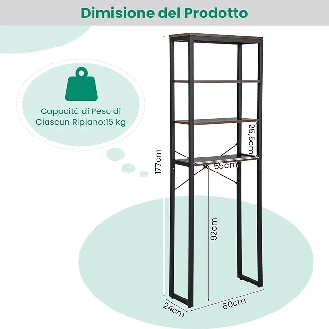 Scaffale Bagno 60 x 24 x 177 cm, Mobile Bagno Salvaspazio con 4 Ripiani in Legno e Telaio in Metallo, Mobiletto sopra Gabinetto per Soggiorno e Balcone, Nero e Marrone - Image 5