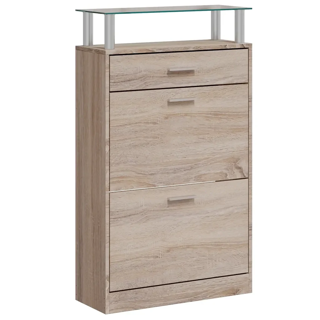 Scarpiera con 1 Cassetto e Mensola Vetro Sopra in Legno Rovere cod mxl 49944