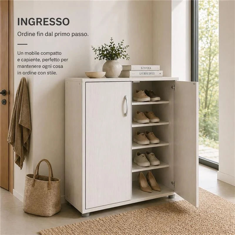 SCARPIERA IN MDF COLOR BIANCO LEGNO CON CINQUE RIPIANI E DUE ANTE DIMENSIONI 60X30X83.5 CM - Image 5