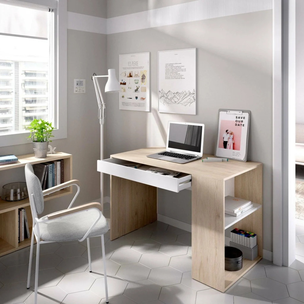 Scrivania Arianella, Scrittoio multiuso da ufficio o cameretta, Tavolo da studio lineare con scaffali, 115x50h74 cm, Rovere e Bianco - Image 2