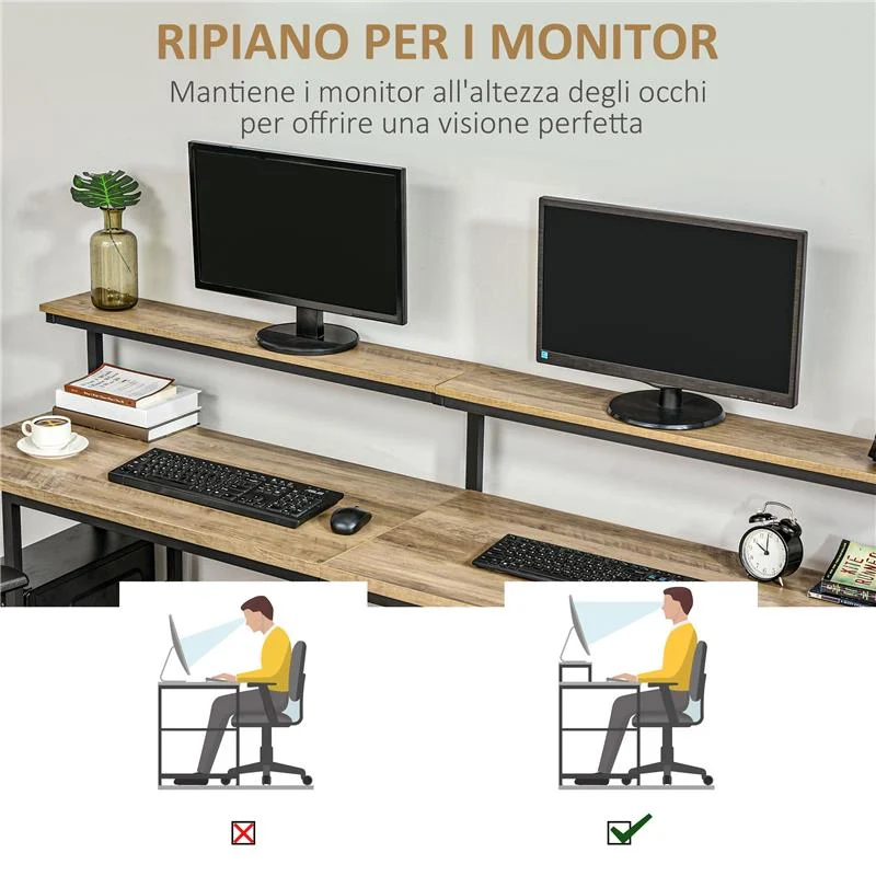 SCRIVANIA DOPPIA CON SCAFFALI E MENSOLA PER MONITOR IN STILE INDUSTRIALE, SCRIVANIA CON LIBRERIA SALVASPAZIO PER UFFICIO E STUDIO IN METALLO E MDF, 200X53X100CM, NERO MARRONE - Image 4