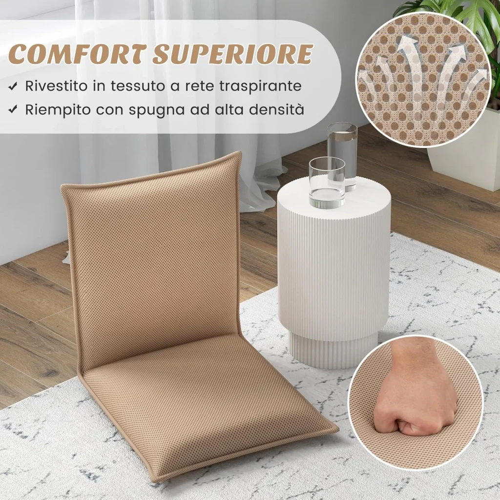 Sedia da Pavimento Poltrona da Terra, Sedia Reclinabile Imbottita, per Salotto Camera da Letto e Studio (Beige) - Image 2