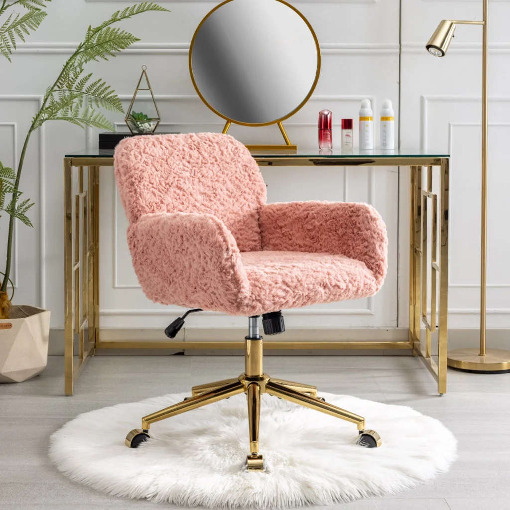 Sedia da ufficio girevole, sedia da toeletta, imitazione pelliccia di coniglio, altezza regolabile, base in metallo, rosa