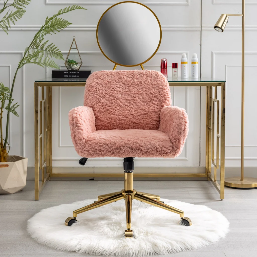 Sedia da ufficio girevole, sedia da toeletta, imitazione pelliccia di coniglio, altezza regolabile, base in metallo, rosa - Image 2