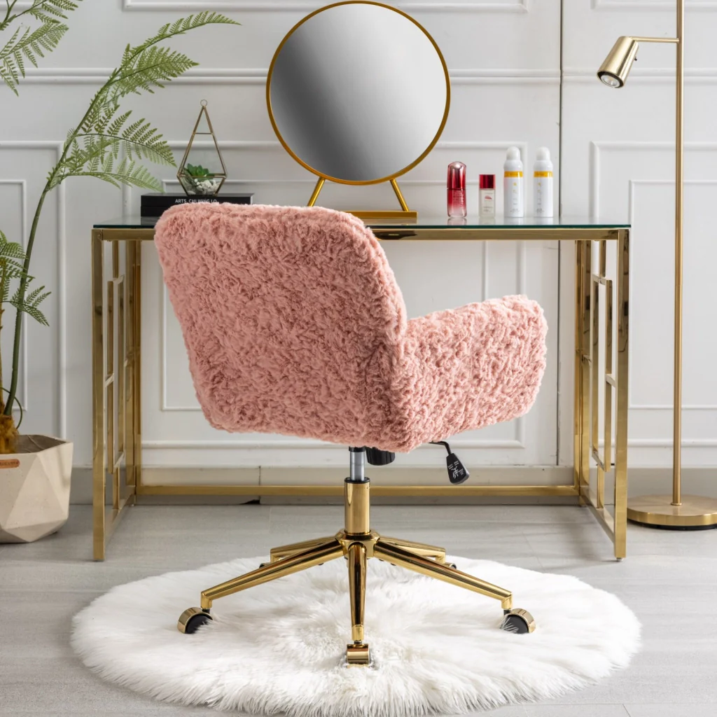 Sedia da ufficio girevole, sedia da toeletta, imitazione pelliccia di coniglio, altezza regolabile, base in metallo, rosa - Image 3