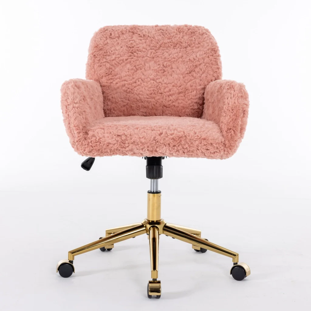 Sedia da ufficio girevole, sedia da toeletta, imitazione pelliccia di coniglio, altezza regolabile, base in metallo, rosa - Image 4