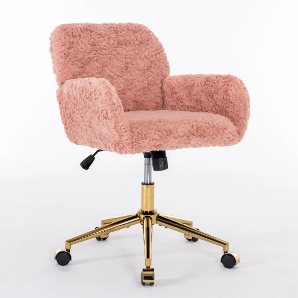 Sedia da ufficio girevole, sedia da toeletta, imitazione pelliccia di coniglio, altezza regolabile, base in metallo, rosa - Image 5