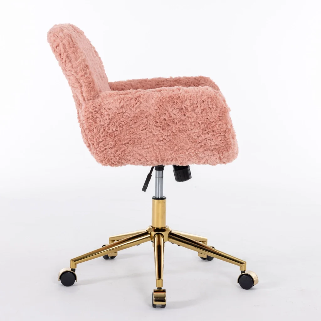 Sedia da ufficio girevole, sedia da toeletta, imitazione pelliccia di coniglio, altezza regolabile, base in metallo, rosa - Image 6