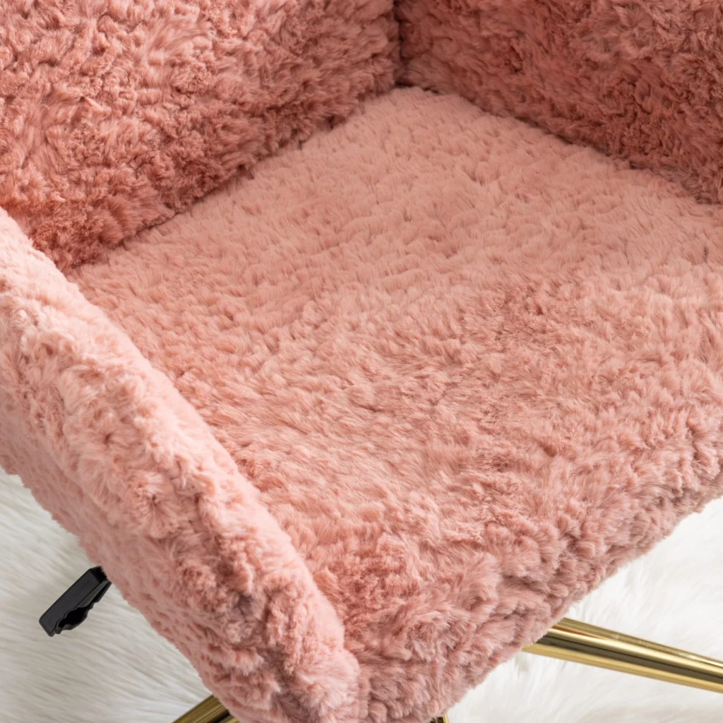 Sedia da ufficio girevole, sedia da toeletta, imitazione pelliccia di coniglio, altezza regolabile, base in metallo, rosa - Image 9