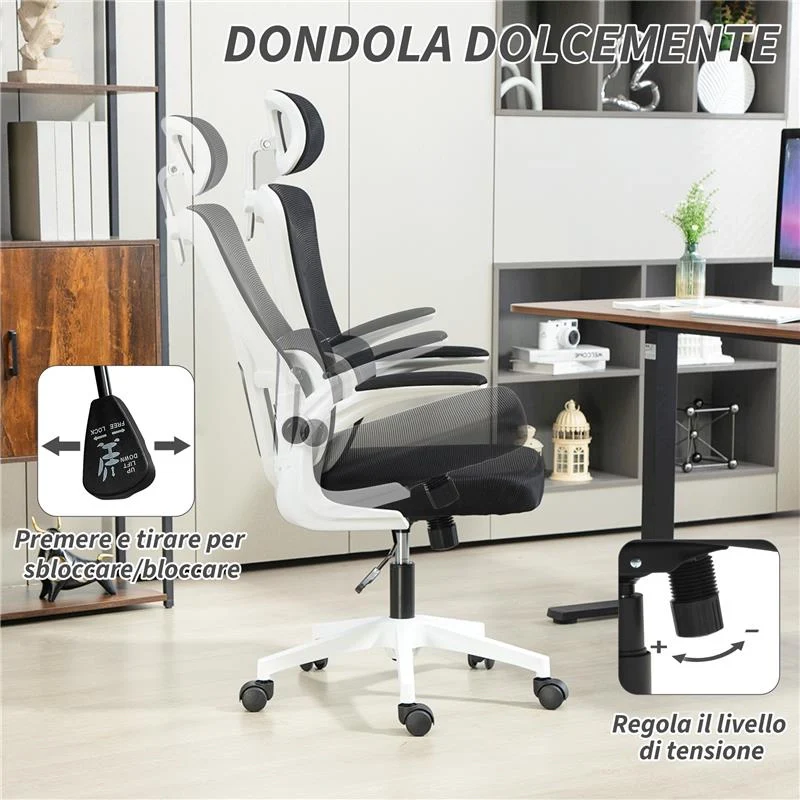 SEDIA DA UFFICIO REGOLABILE E RECLINABILE CON POGGIATESTA RIMOVIBILE, IN TESSUTO A RETE, 60X59X114-122 CM, NERO - Image 6