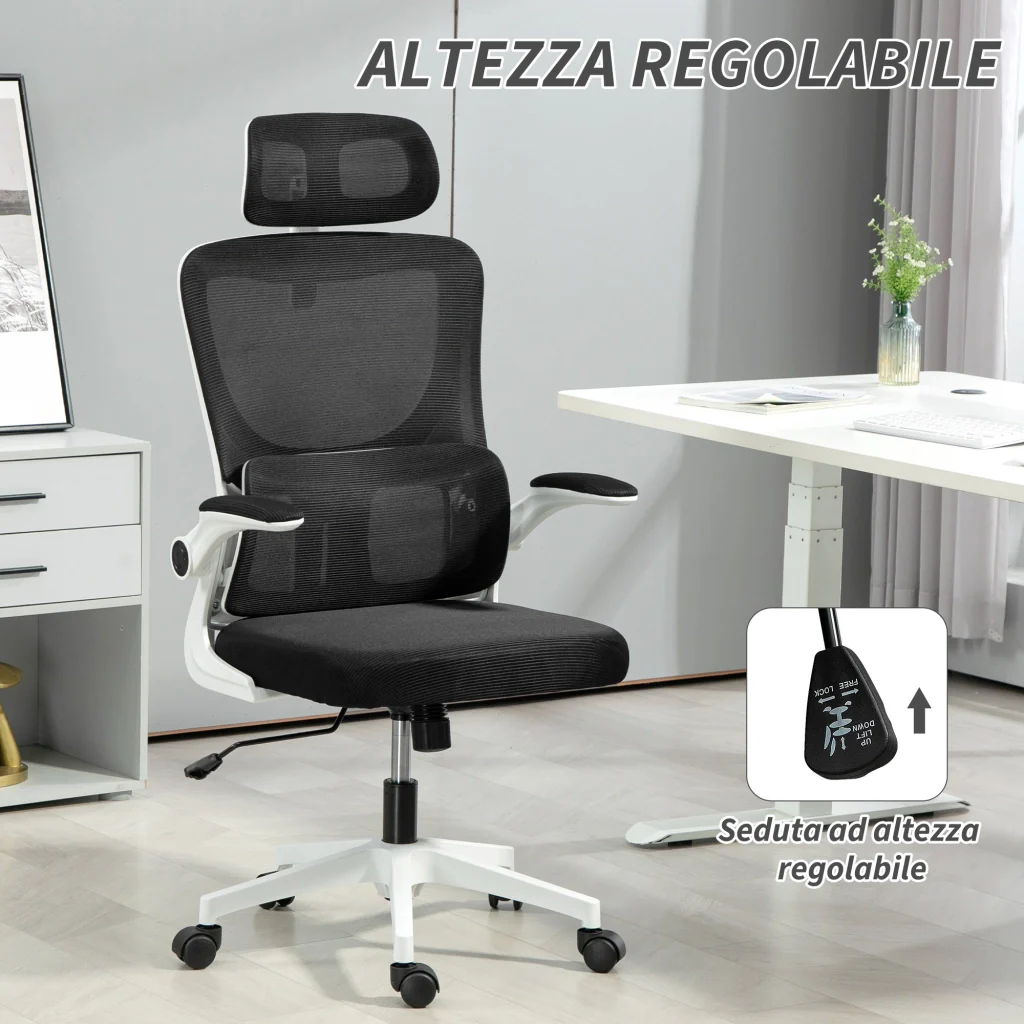 Sedia Ergonomica da Ufficio Girevole 60x59x114-122 cm con Poggiatesta Rimovibile in Tessuto a Rete Nero - Image 4