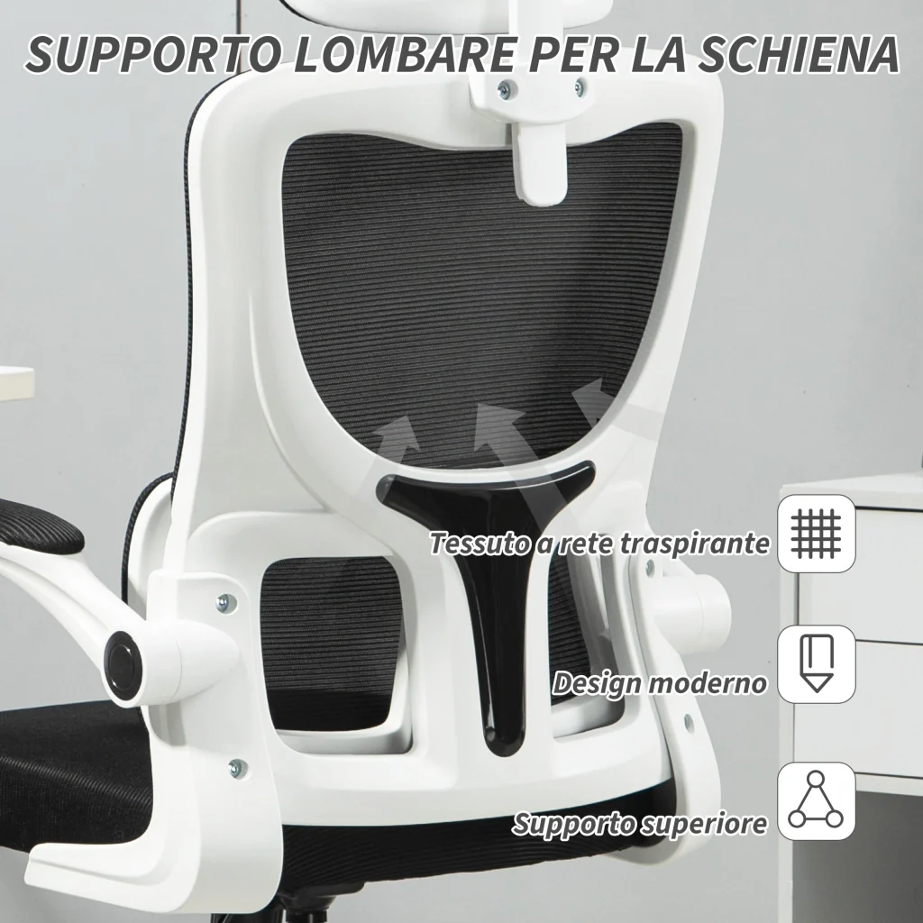 Sedia Ergonomica da Ufficio Girevole 60x59x114-122 cm con Poggiatesta Rimovibile in Tessuto a Rete Nero - Image 6