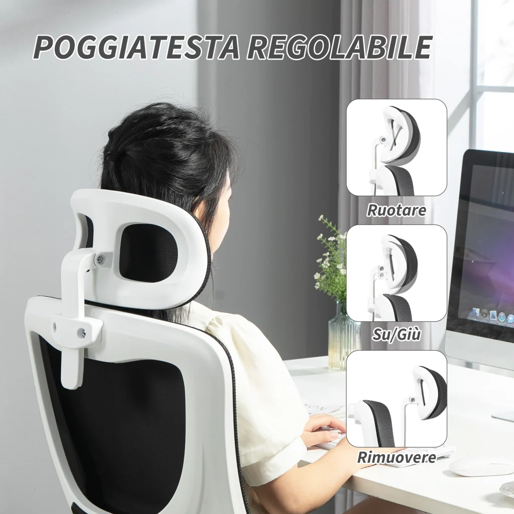 Sedia Ergonomica da Ufficio Girevole 60x59x114-122 cm con Poggiatesta Rimovibile in Tessuto a Rete Nero - Image 7