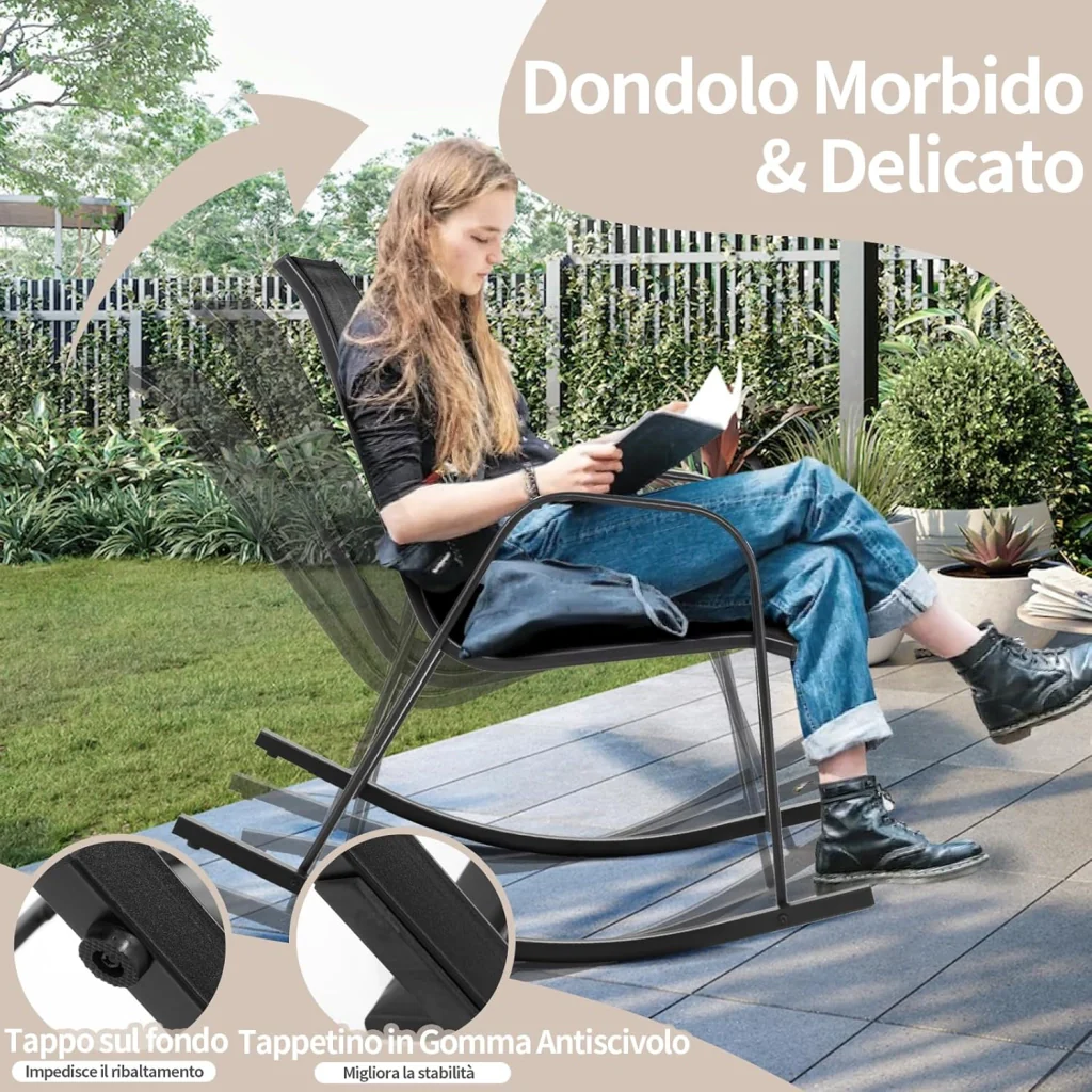 Sedie a Dondolo da Giardino 2 Pezzi, Dondoli da Esterno Ergonomici in Textilene Traspirante e Movimento Dolce, Sedie Dondolo da Balcone Terrazzo Giardino, Portata 150 kg (Nero) - Image 5