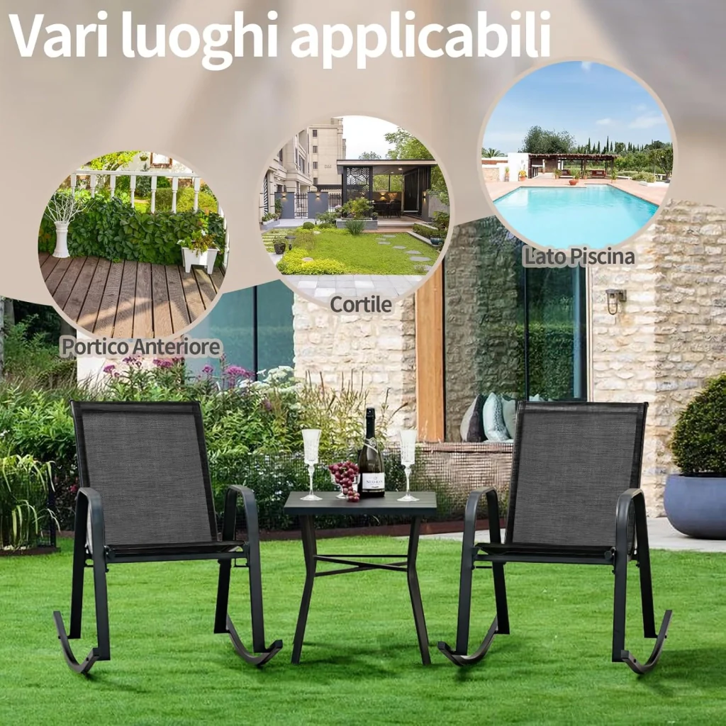 Sedie a Dondolo da Giardino 2 Pezzi, Dondoli da Esterno Ergonomici in Textilene Traspirante e Movimento Dolce, Sedie Dondolo da Balcone Terrazzo Giardino, Portata 150 kg (Nero) - Image 7