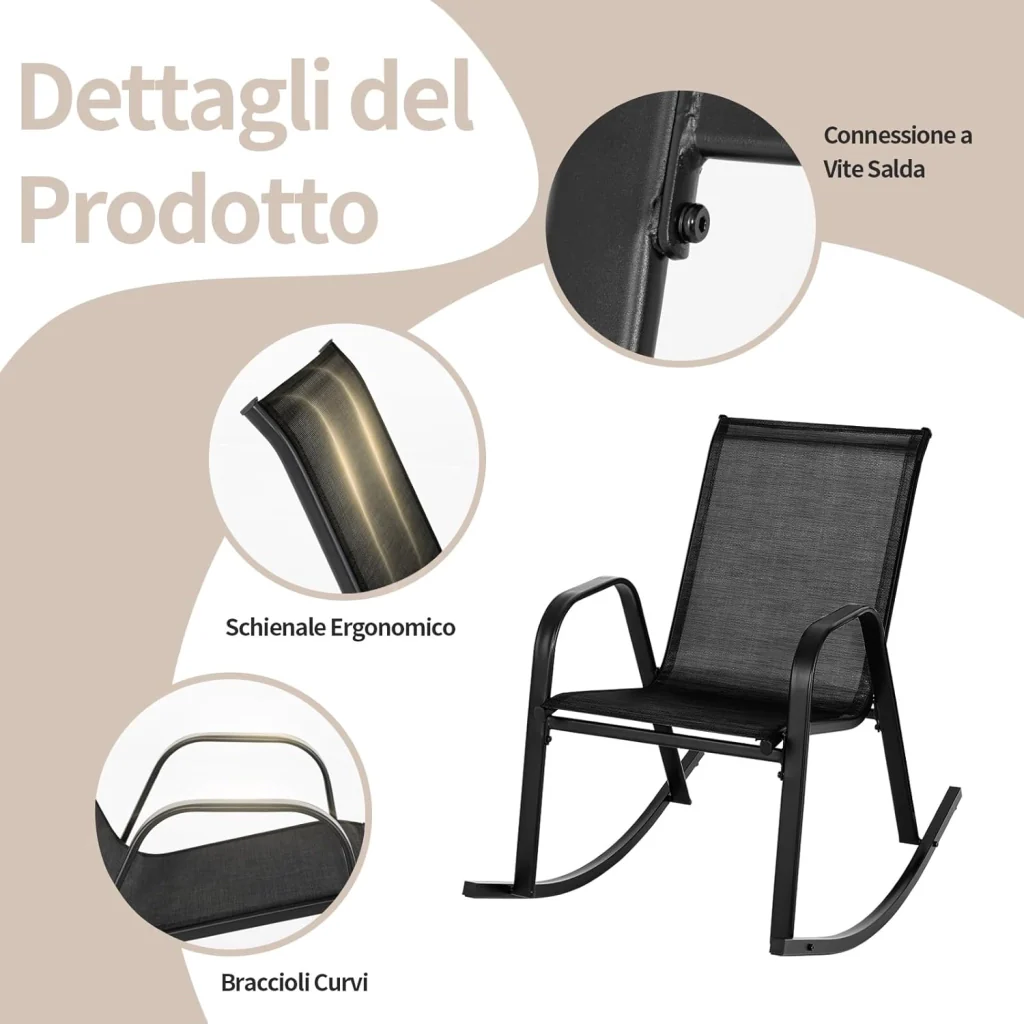 Sedie a Dondolo da Giardino 2 Pezzi, Dondoli da Esterno Ergonomici in Textilene Traspirante e Movimento Dolce, Sedie Dondolo da Balcone Terrazzo Giardino, Portata 150 kg (Nero) - Image 8