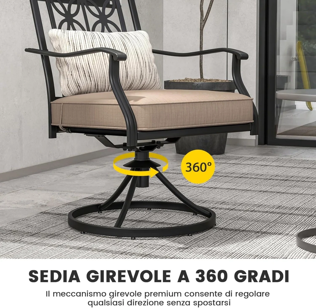 Sedie Girevoli per Giardino, Set di 2 Sedie da Esterno con Telaio in Metallo Resistente, Cuscino Morbido, Schienale a Motivo Floreale, Sedia Girevole per Giardino e Balcone - Image 4