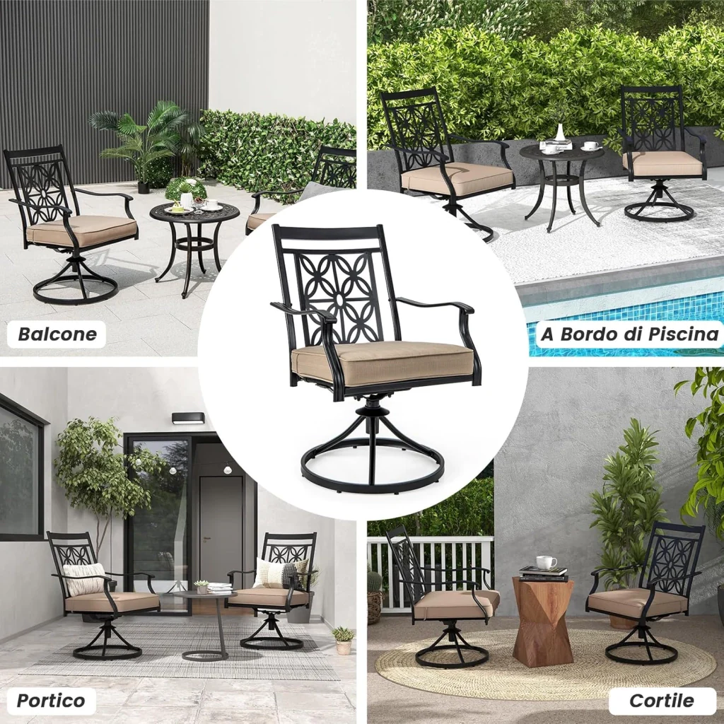 Sedie Girevoli per Giardino, Set di 2 Sedie da Esterno con Telaio in Metallo Resistente, Cuscino Morbido, Schienale a Motivo Floreale, Sedia Girevole per Giardino e Balcone - Image 5