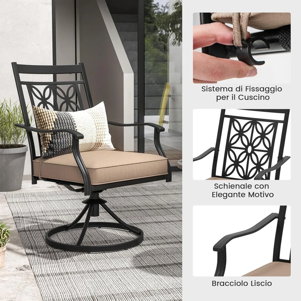 Sedie Girevoli per Giardino, Set di 2 Sedie da Esterno con Telaio in Metallo Resistente, Cuscino Morbido, Schienale a Motivo Floreale, Sedia Girevole per Giardino e Balcone - Image 7