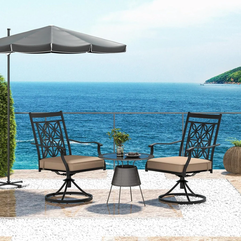 Sedie Girevoli per Giardino, Set di 2 Sedie da Esterno con Telaio in Metallo Resistente, Cuscino Morbido, Schienale a Motivo Floreale, Sedia Girevole per Giardino e Balcone - Image 8