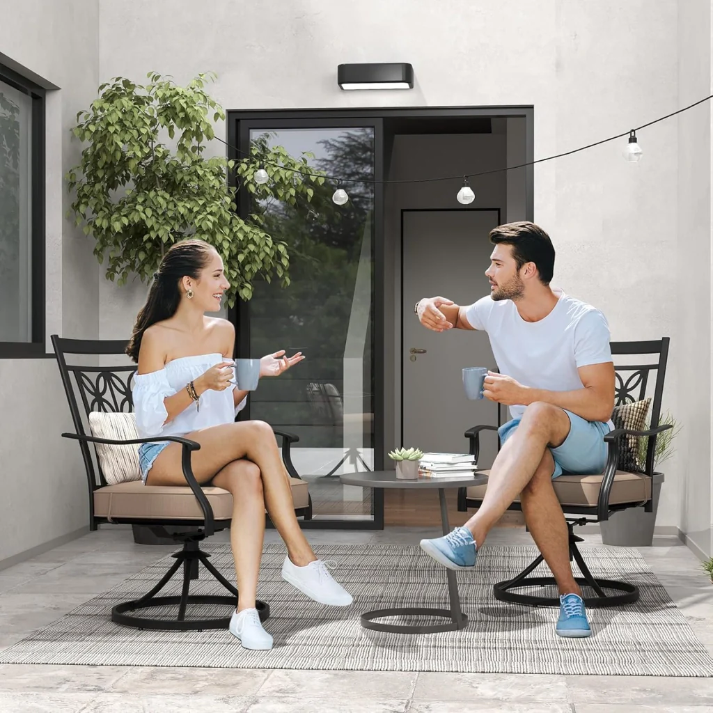 Sedie Girevoli per Giardino, Set di 2 Sedie da Esterno con Telaio in Metallo Resistente, Cuscino Morbido, Schienale a Motivo Floreale, Sedia Girevole per Giardino e Balcone - Image 9