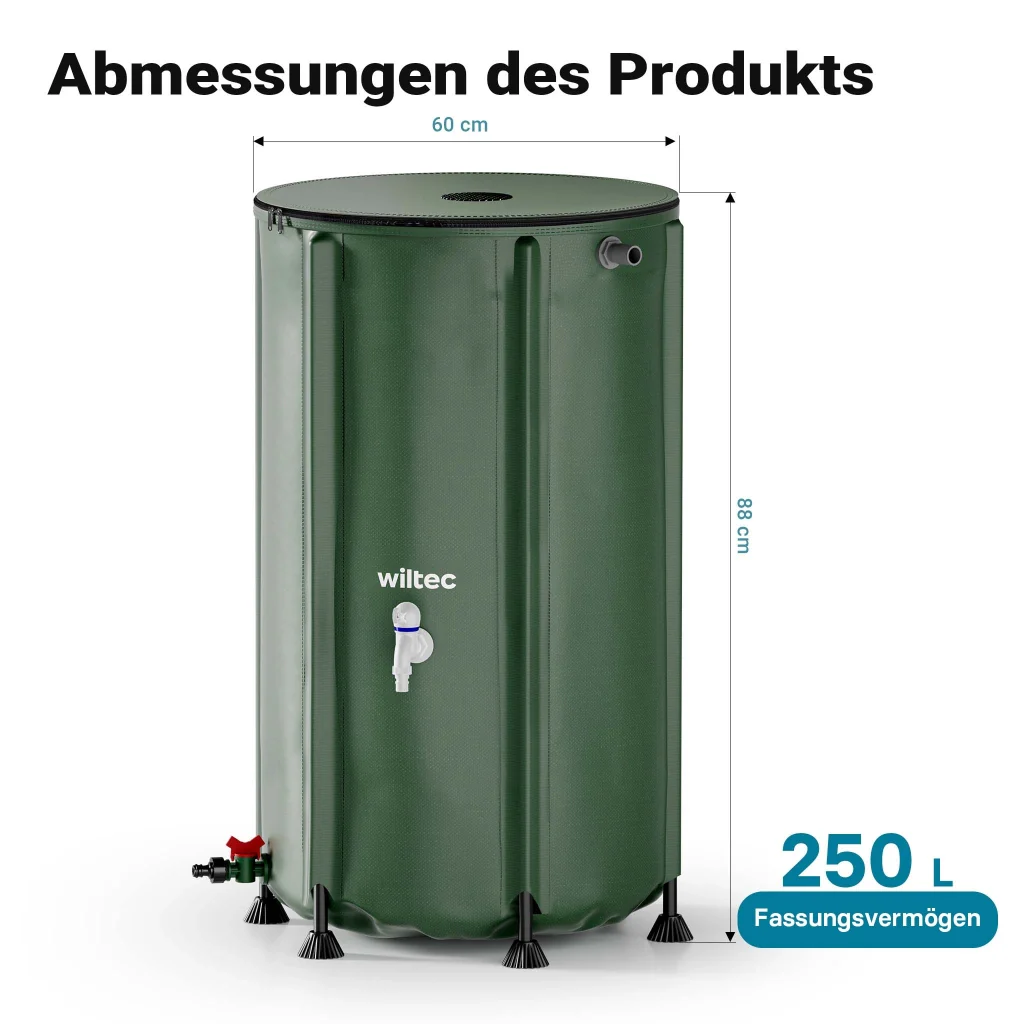 Serbatoio acqua piovana pieghevole da 250 l, con coperchio e rubinetto, contenitore raccolta acqua piovana in PVC da 620 g/m² con attacco per tubo - Image 3