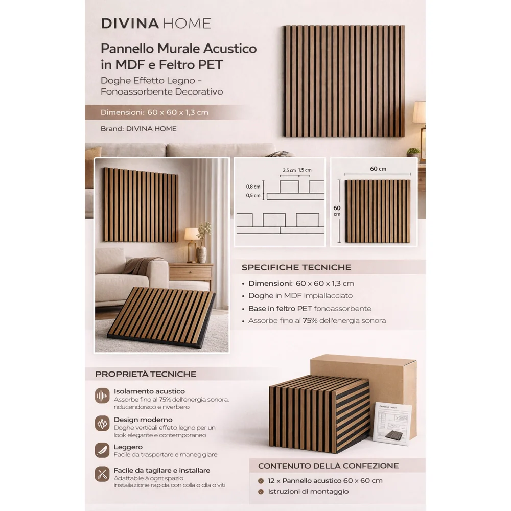 Set 12 Pannelli Decorativi 60x60 cm Motivo a Doghe in MDF e Feltro PET Rivestimento Murale Fonoassorbente Noce Chiaro - Image 4