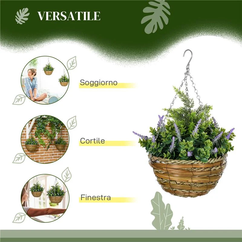 SET 2 PIANTE FINTE DI LAVANDA CON VASO E GANCIO IN PE E VIMINI Ø 25X34 CM VERDE E VIOLA - Image 6