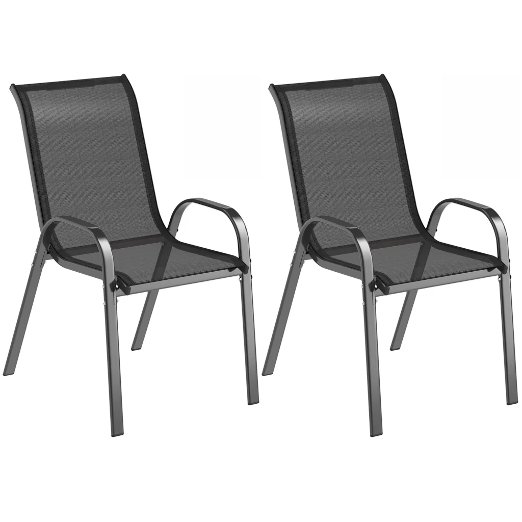 Set 2 Sedie da Giardino 54x71x93 cm Impilabili con Braccioli Curvi in Acciaio e Tessuto Traspirante Nero