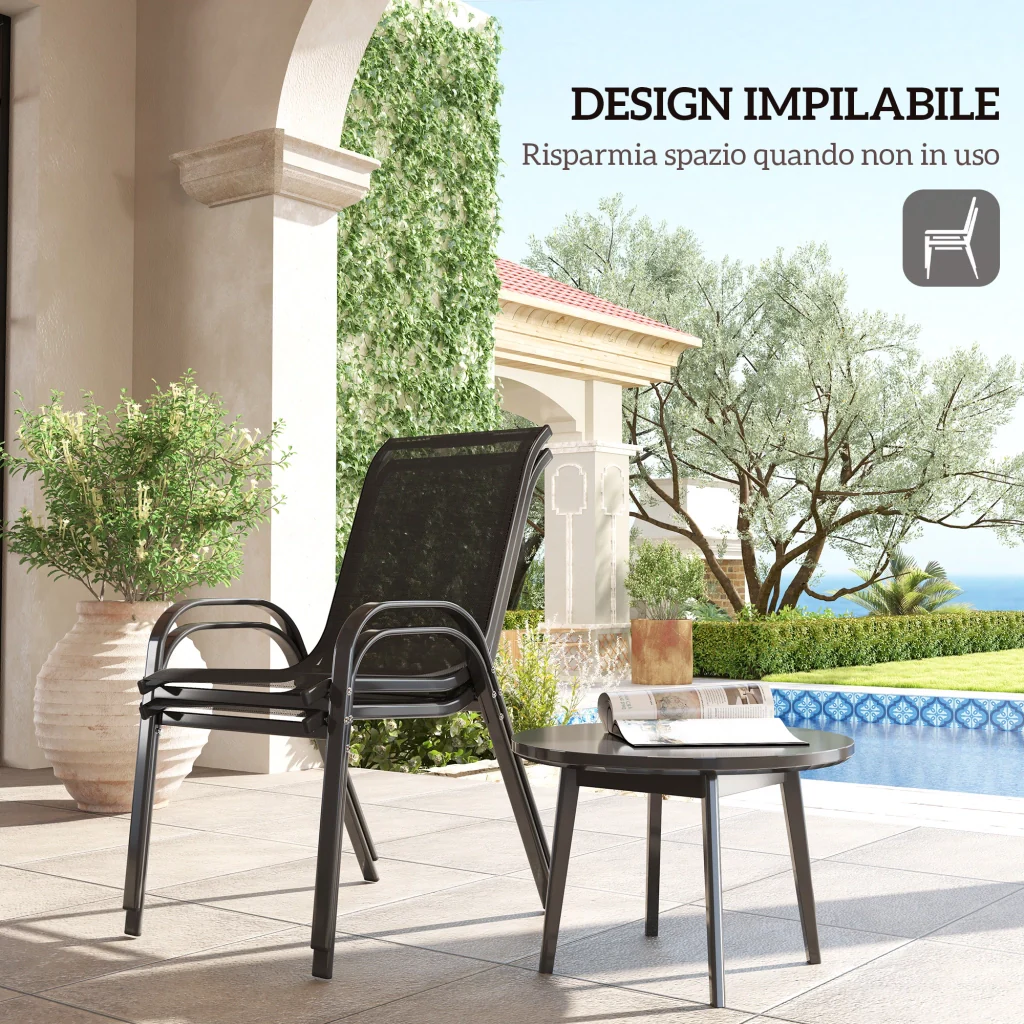 Set 2 Sedie da Giardino 54x71x93 cm Impilabili con Braccioli Curvi in Acciaio e Tessuto Traspirante Nero - Image 4