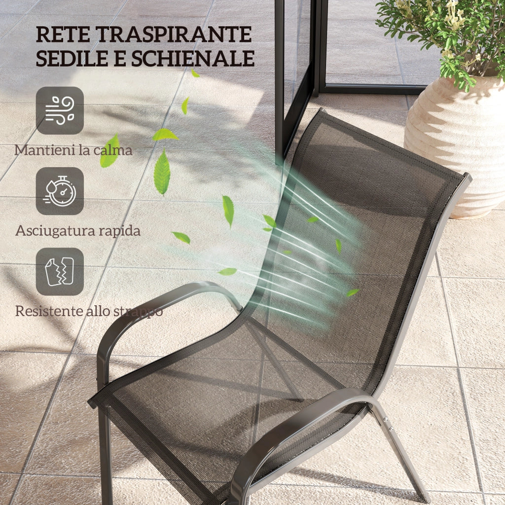 Set 2 Sedie da Giardino 54x71x93 cm Impilabili con Braccioli Curvi in Acciaio e Tessuto Traspirante Nero - Image 5
