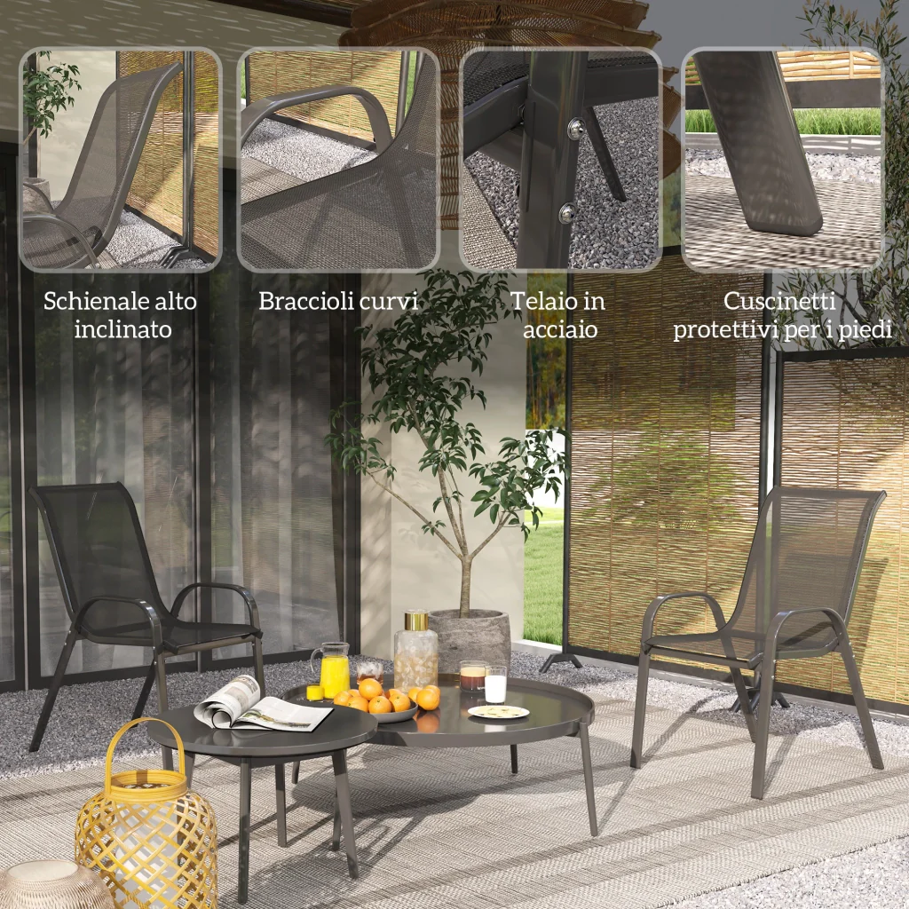 Set 2 Sedie da Giardino 54x71x93 cm Impilabili con Braccioli Curvi in Acciaio e Tessuto Traspirante Nero - Image 6