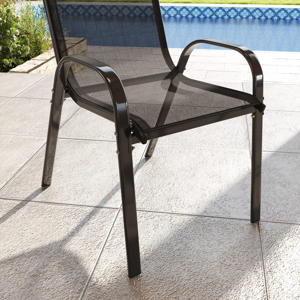 Set 2 Sedie da Giardino 54x71x93 cm Impilabili con Braccioli Curvi in Acciaio e Tessuto Traspirante Nero - Image 8