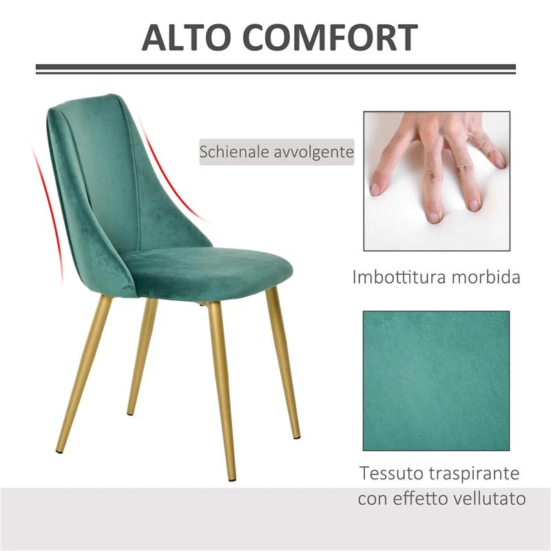 SET 2 SEDIE MODERNE IMBOTTITE CON RIVESTIMENTO EFFETTO VELLUTO VERDE - Image 4