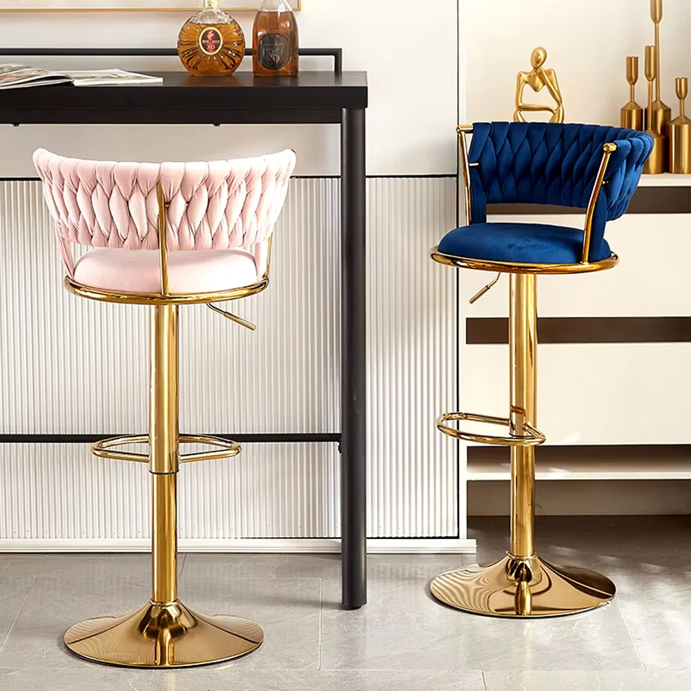 Set 2 Sgabelli Cucina Bar Schienale Intrecciato in Velluto Blu e Struttura Oro - Image 3