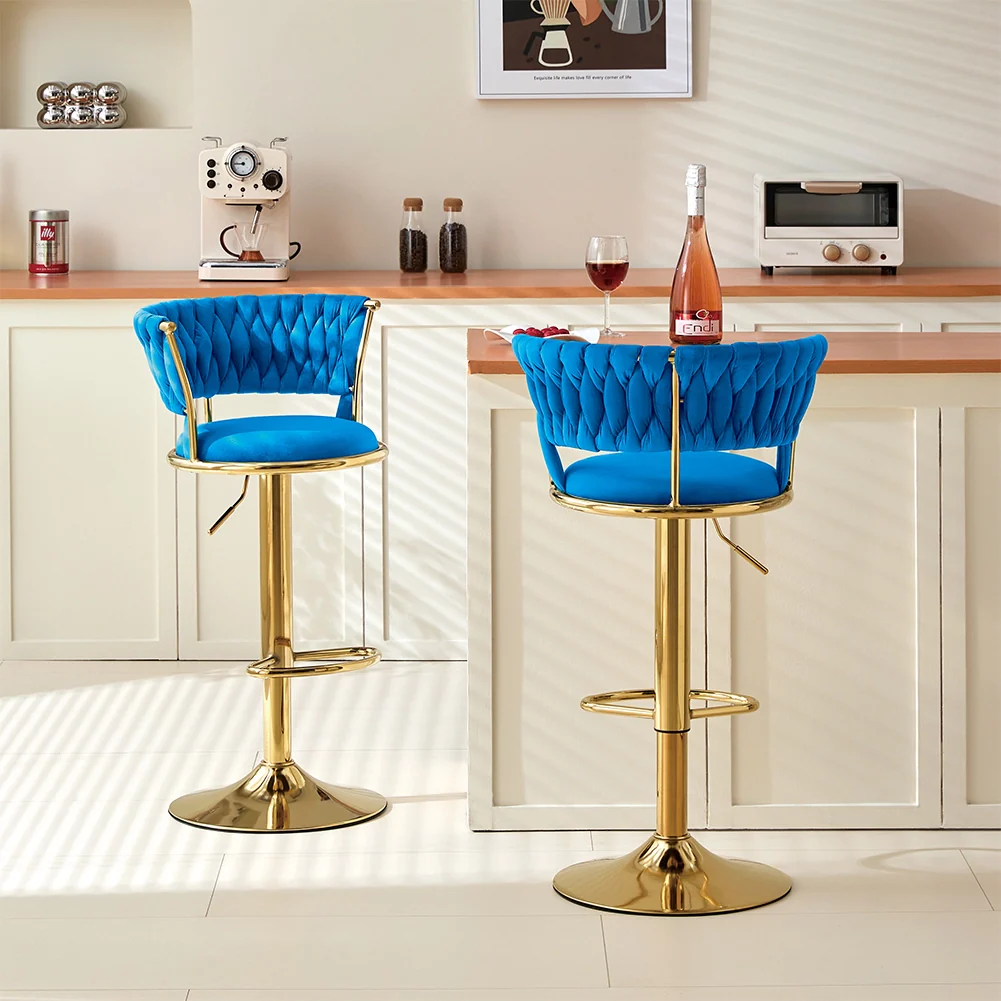 Set 2 Sgabelli Cucina Bar Schienale Intrecciato in Velluto Blu e Struttura Oro - Image 6