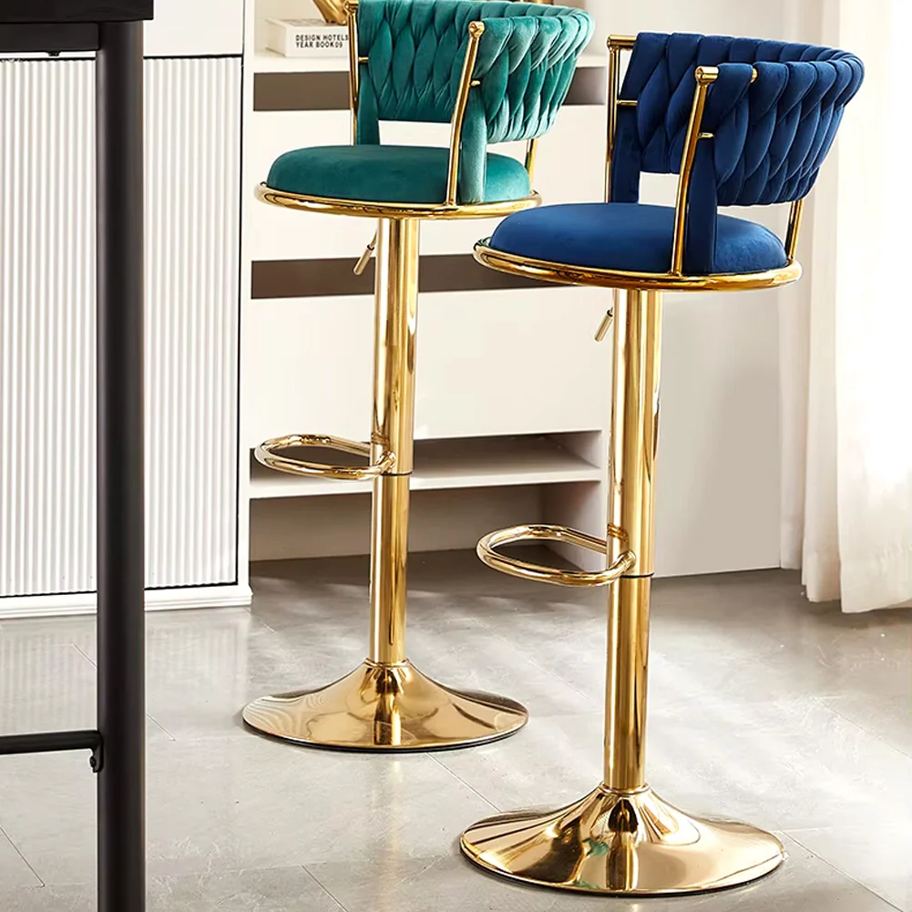 Set 2 Sgabelli Cucina Bar Schienale Intrecciato in Velluto Blu e Struttura Oro - Image 8