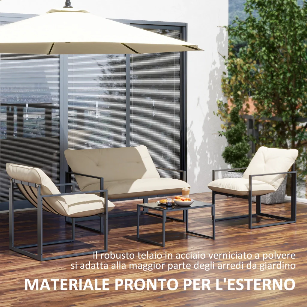 Set 4 Pezzi da Giardino con Divanetto 2 Poltrone e Tavolino in Acciaio, Poliestere e Cotone PP Beige e Grigio - Image 6