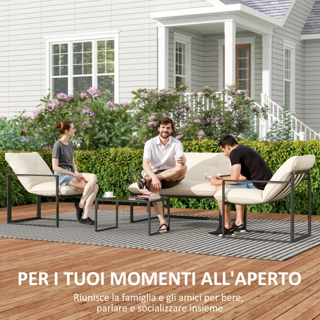 Set 4 Pezzi da Giardino con Divanetto 2 Poltrone e Tavolino in Acciaio, Poliestere e Cotone PP Beige e Grigio - Image 7