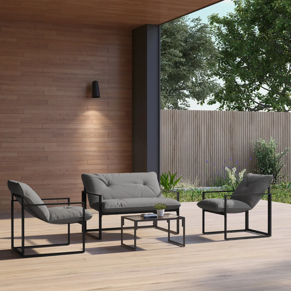 Set 4 Pezzi da Giardino con Divanetto 2 Poltrone e Tavolino in Acciaio, Poliestere e Cotone PP Nero e Grigio - Image 2