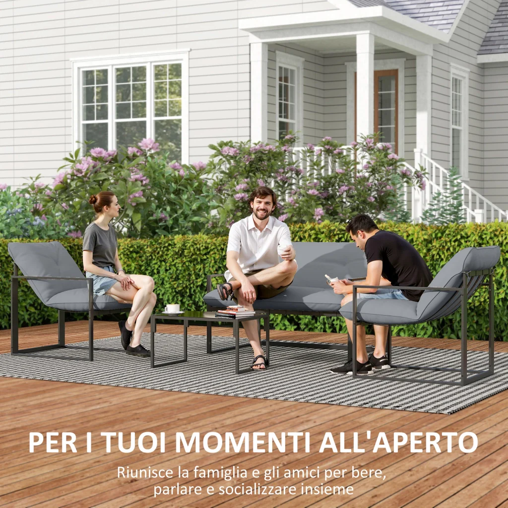 Set 4 Pezzi da Giardino con Divanetto 2 Poltrone e Tavolino in Acciaio, Poliestere e Cotone PP Nero e Grigio - Image 7