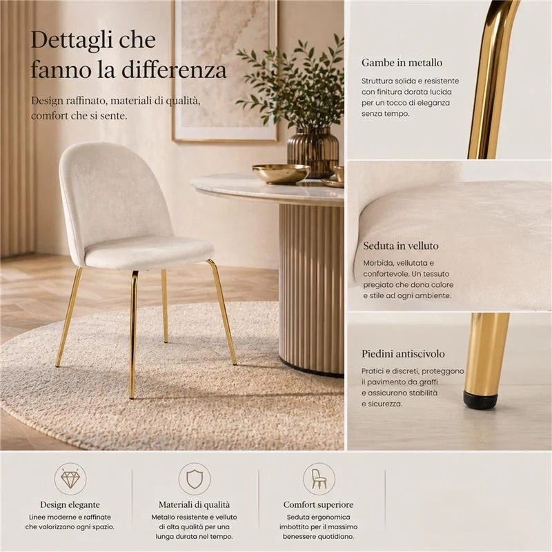 SET 4 SEDIE IN VELLUTO BEIGE CON PIEDI IN METALLO COLOR ORO MISURE: 58X50X78/49 CM - Image 3