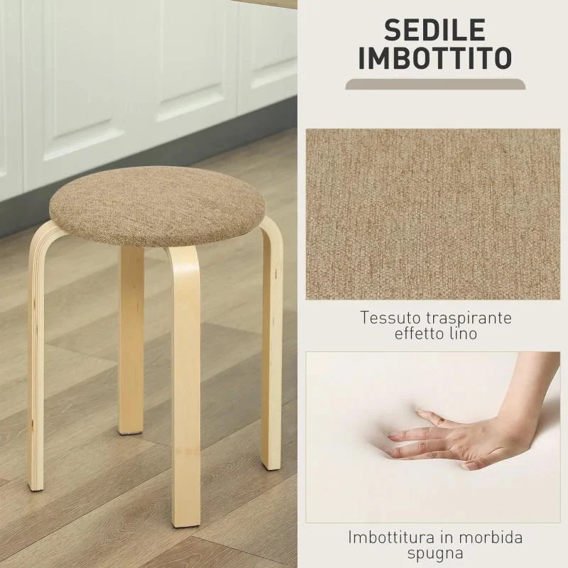 SET 4 SGABELLI IMPILABILI E IMBOTTITI CON RIVESTIMENTO IN TESSUTO E GAMBE IN LEGNO, CACHI - Image 7