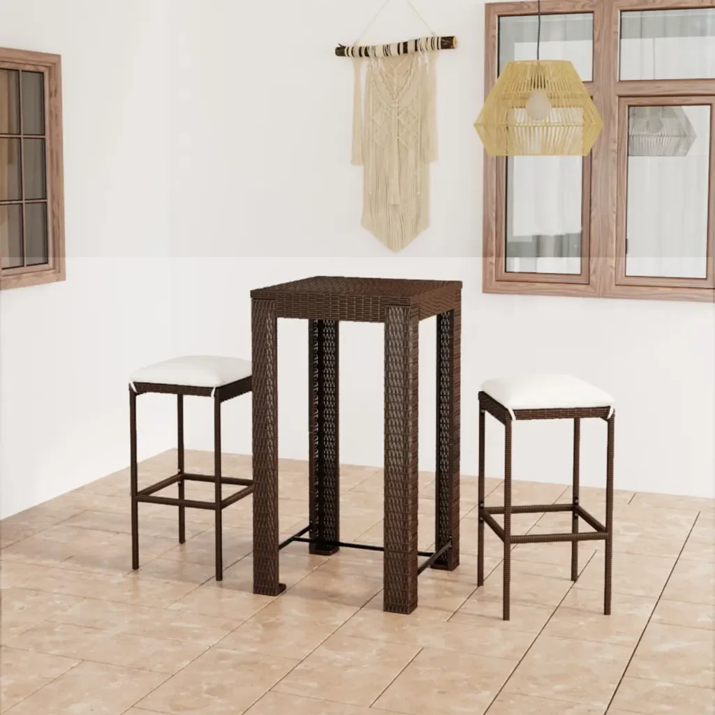 Set Bar da Giardino 3 pz con Cuscini Polyrattan Marrone 3064774