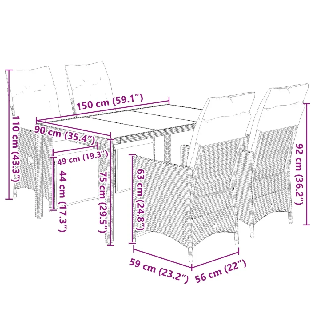 Set Bistrò da Giardino 5 pz con Cuscini in Polyrattan Grigio - Image 6
