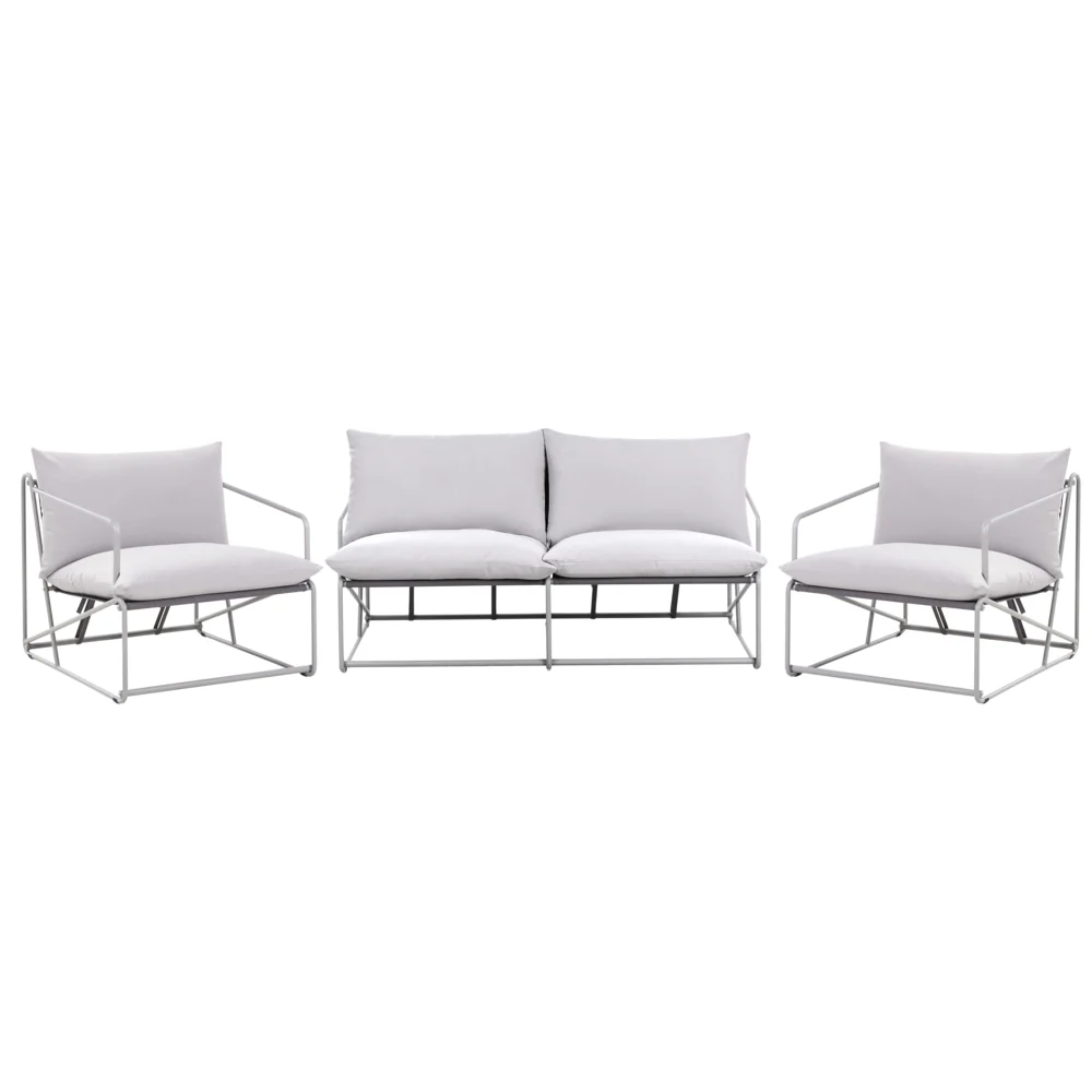 Set composto da divano basso oversize e 2 sedie in metallo con cuscini per schienale e seduta da interno ed esterno grigio stile moderno e rustico - Image 4