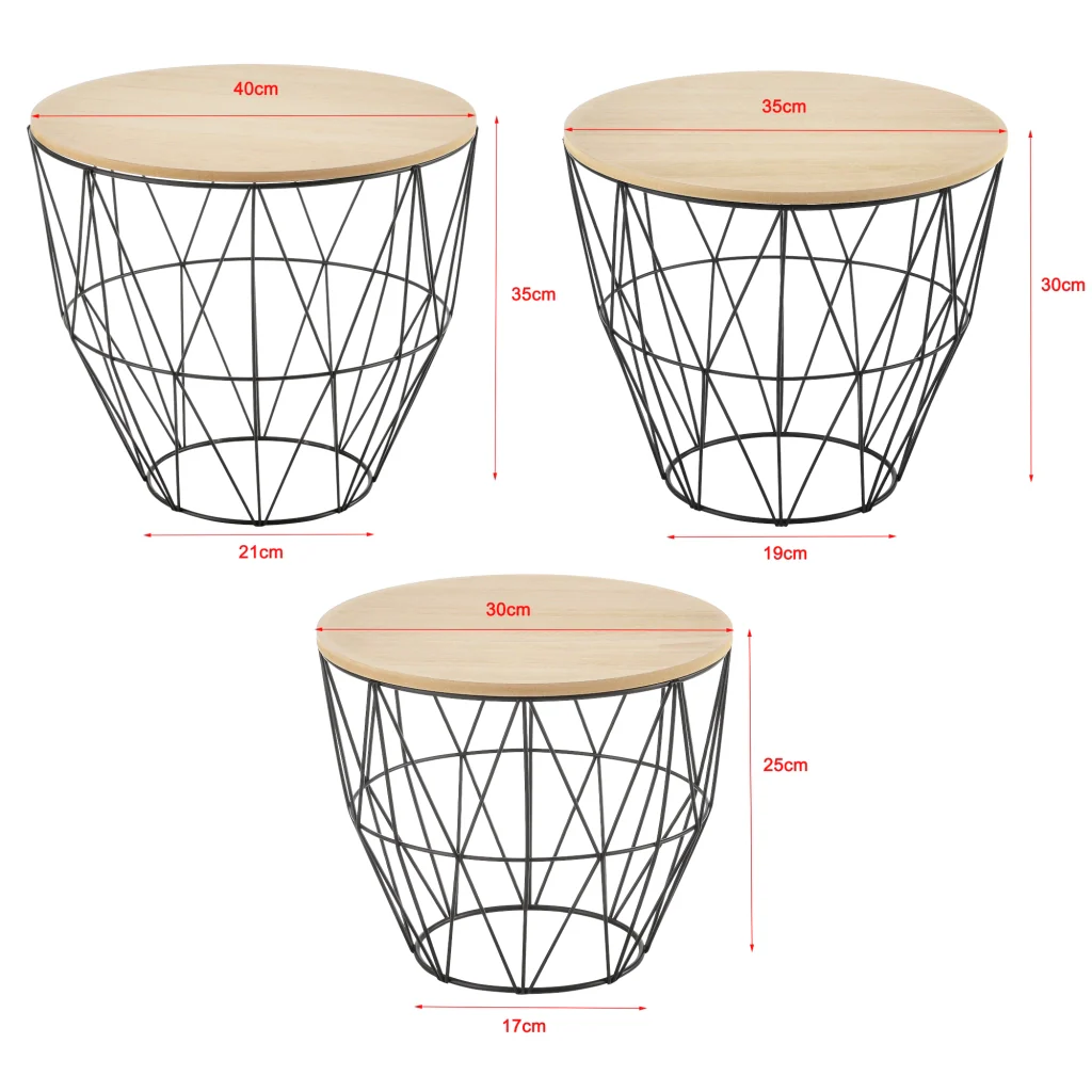 [en.casa] Set da 3 Tavolini a Forma di Cestello in 3 Altezze Diverse con Piano Rimovibile Portaoggetti Pratico Multiuso per Salotto/Soggiorno - Rovere Chiaro - Image 2