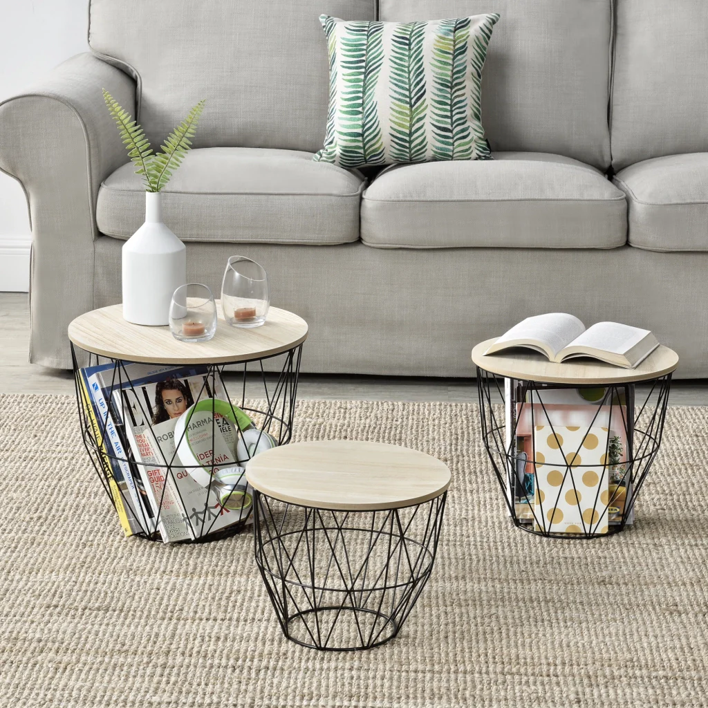 [en.casa] Set da 3 Tavolini a Forma di Cestello in 3 Altezze Diverse con Piano Rimovibile Portaoggetti Pratico Multiuso per Salotto/Soggiorno - Rovere Chiaro - Image 6