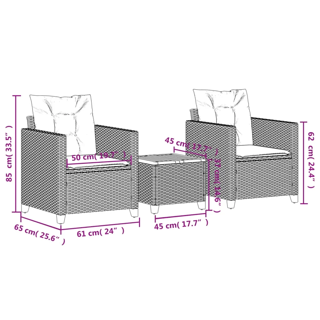 Set da Bistrò 3 pz con Cuscini Grigio Polyrattan e Legno Acacia 366310 - Image 8